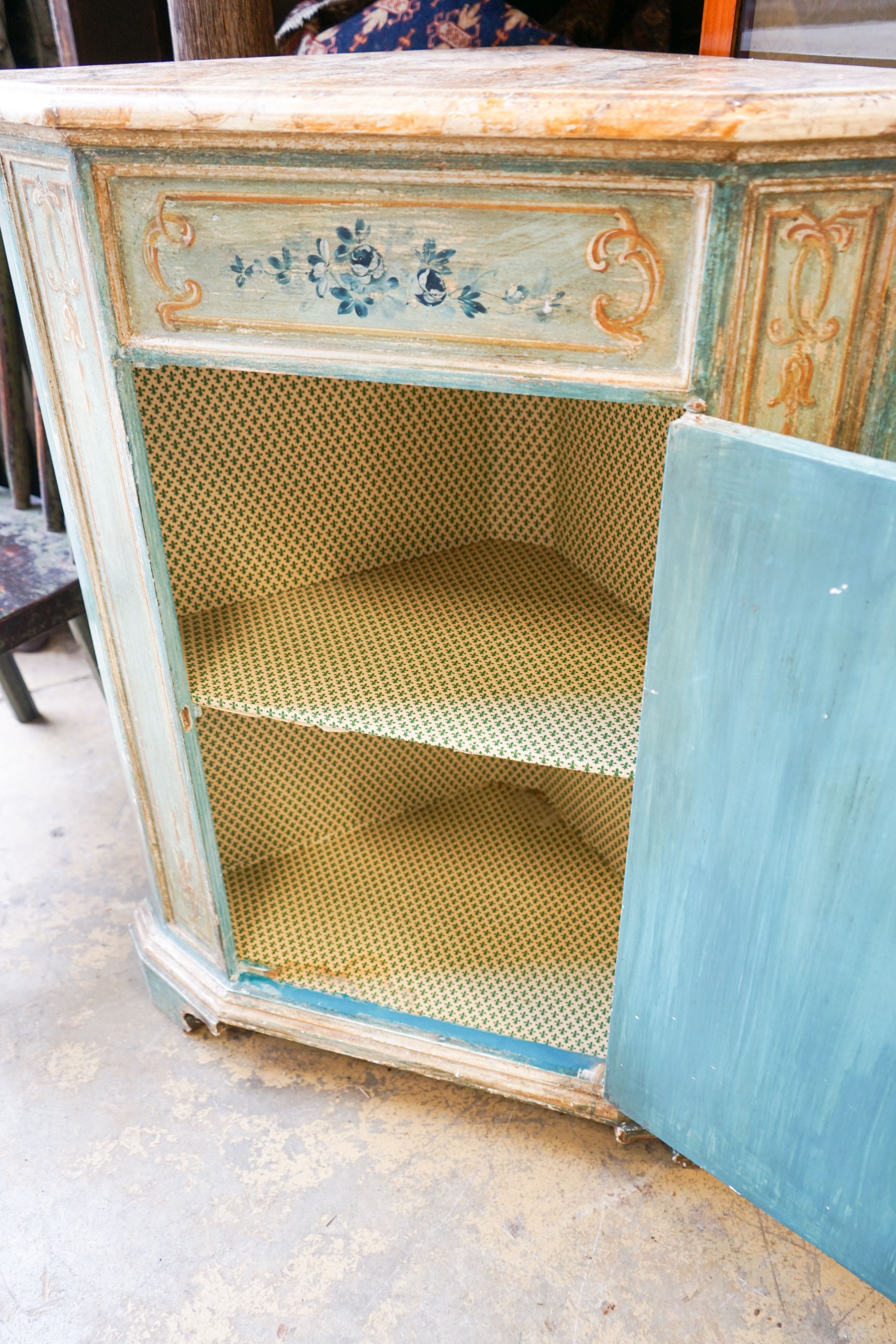 A mid 20th century Italian painted faux marble top corner cabinet, width 78cm, depth 49cm, height 99cm